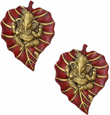 Gaura Art & Crafts Metal Red Leaf with Branch Ganesh God Idol Statue Wall Hanging Showpiece Gift Item Office use,Gift Set,Showpiece,Decorative Items Decorative Showpiece  -  7 cm(Aluminium, Gold, Red)