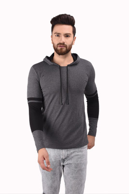 Kay Dee Creations Solid Men Hooded Grey T-Shirt