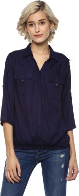 HARPA Casual Regular Sleeve Solid Women Dark Blue Top