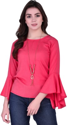 VAANYA Party Bell Sleeve Solid Women Pink Top