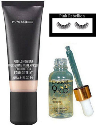 

pink rebellion Eyelashes & Pro Longwear Nourishing Waterproof Foundation & Lakme 9 To 5 Serum(Set of 3)