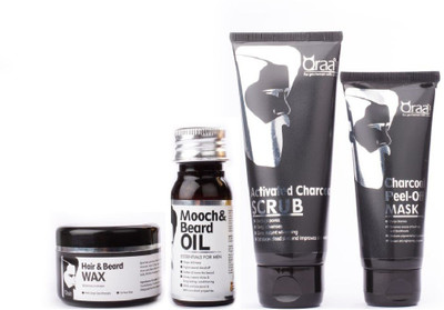 

Qraa Men Grooming kit-Gifting Tray(Charcoal Scrub+Peel off mask+Mooch & Beard oil+Hair & Beard wax Black)(Set of 4)