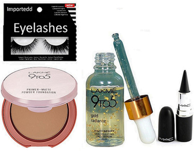 

importedd eyelashes,lakme 9to5 serum,primer matte powder foundation,stick kajal(Set of 4)