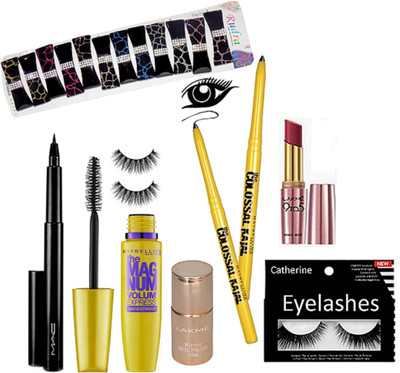 

catherine Eyelashes, Mac Pen Eyeliner, Maybelline Colosal Kajal-2, MagNum Mascara, Lakme Nail Paint & Lipstick(Set of 7)