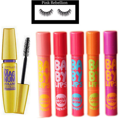 

pink rebellion Eyelashes & Maybelline Baby Lipblam (set of 4) & Magmum mascara(Set of 7)