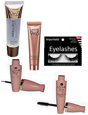 

importedd Eyelashes , Lakme 9 to 5 Weightless Mousse ,Infalliable Primer , Eyeliner & Mascara(Set of 5)