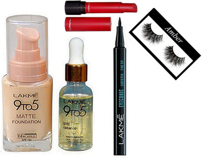 

Amber Eyelashes, Mac liptensity lipstick, Lakme 9to5 matte foundation, gold radiance face serum, eyeconic pen eyeliner(Set of 5)