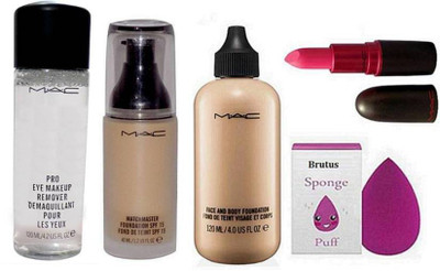 

brutus Sponge Puff, Mac Face and Body Foundation, MatchMaster Foundation, Lady gaga pink Matte Finish Lipstick, Mineralize Charged Water Cleaner Nettoyant Eye Makeup Remover (Set of 5(Set of 5)