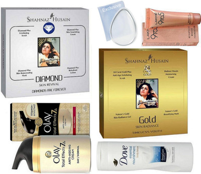 

exclusive silicon puff, Shahnaz husain diamond and gold facial kit, total effect 7 in one day cream, essecntial nourishment body lotion, lakme 9to5 weightless mousse foundation(Set of 6)