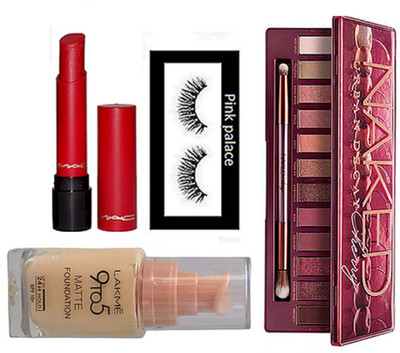 

pink palace Eyelashes, liptensity lipstick, lakme 9to5 primer matte foundation, naked urban decay cherry eye shadow palette(Set of 4)