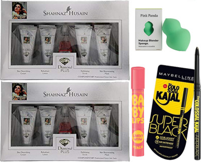 

pink panda Sponge puff, Shahnaz hushain diamond facial kit pack of 2, baby lips, maybelline kajal(Set of 5)