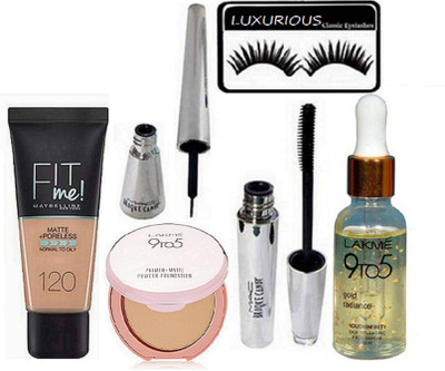 

LUXURIOUS Eyelashes,Maybelline Fit me Foundation & Lakme 9to 5 Primer Matte Compact, Brooke Candy Eyeliner&Mascara, face Serum(Set of 6)