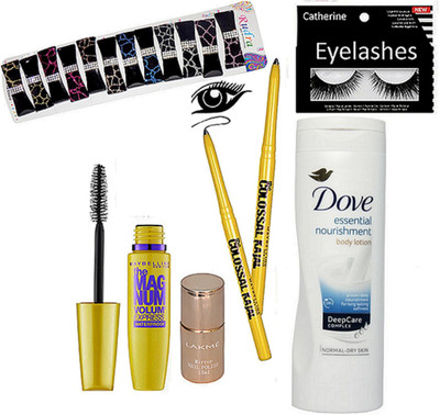 

catherine Eyelashes, Mac, Maybelline Colosal Kajal-2, MagNum Mascara, Lakme Nail Paint, Dove Body Lotion With Hair Clips-12(Set of 18)