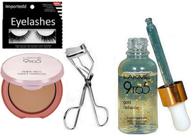 

importedd eyelashes,lakme 9to5 serum,primer matte powder foundation,eyelashes curler(Set of 4)