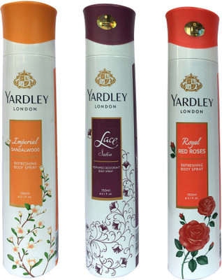 

Yardley London Royal red roses, Lace satin and Imperial sandalwood (pack of 3) Perfume Body Spray - For Women(150 ml, Pack of 3)