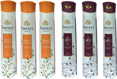 

Yardley London Lace satin and Imperial Sandalwood (pack of 6) Perfume Body Spray - For Women(150 ml, Pack of 6)