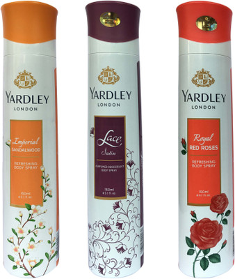 

Yardley London Imperial Sandalwood,Royal Red Roses and Lace satin (pack of 3) Body Spray - For Women(150 ml, Pack of 3)