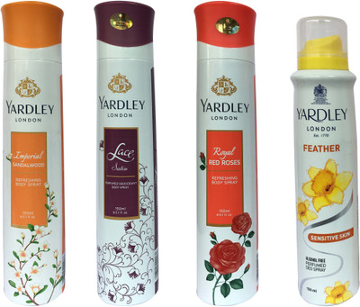 

Yardley London Imperial Sandalwood,Royal Red Roses and Feather, Lace satin (pack of 4) Body Spray - For Women(150 ml, Pack of 4)