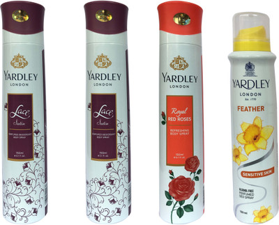 Yardley London Royal Red Roses and Feather, Lace satin (pack of 4) Body Spray - For Women(150 ml, Pack of 4)