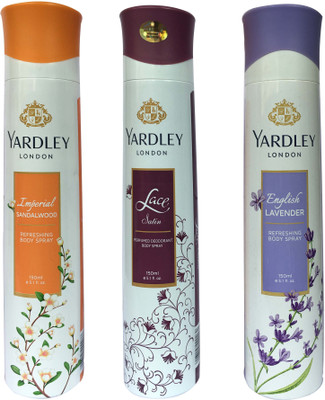 

Yardley London English lavender, Lace satin and Imperial sandalwood (pack of 3) Perfume Body Spray - For Women(150 ml, Pack of 3)