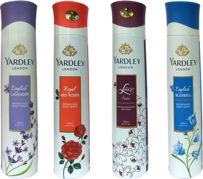 

Yardley London English Bluebell,English Lavender, Lace satin, and Royal red roses (pack of 4) Perfume Body Spray - For Women(150 ml, Pack of 4)