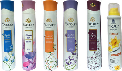 

Yardley London English Bluebell,English Lavender, Lace satin, Morning dew,Feather and Imperial sandalwood (pack of 6) Perfume Body Spray - For Women(150 ml, Pack of 6)