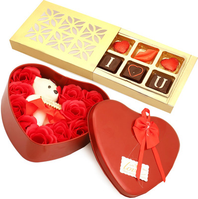 

Ghasitaram Gifts Valentine Gifts-Heart Tin Box of Roses with Valentine Chocolate Box Combo(3)