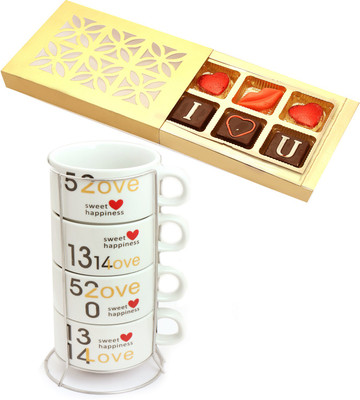 

Ghasitaram Gifts Valentine Gifts-Set of 4 love cups-5048 with Valentine Chocolate Box Combo(2)