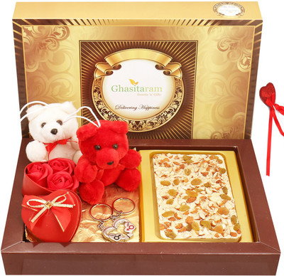 

Ghasitaram Gifts Chocolates-White Dryfruit Chocolate Bark Big with Teddies, Keychain Set and Small Roses Heart Box Combo(5)