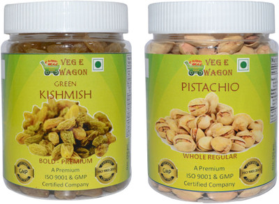

Veg E Wagon Green Kishmish Bold Premium & Pista Whole Regular (250 Each) Raisins, Pistachios(500 g, Plastic Bottle)