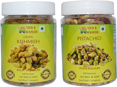 

Veg E Wagon Green Kishmish Bold Premium & Pista Plain Regular (250 Each) Raisins, Pistachios(500 g, Plastic Bottle)