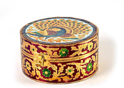 

Shree Sai Handicraft Meenakari Art Work White Metal Round Box Jewellery Vanity Box(Gold)