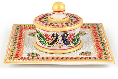 

Creative Handicraft Uniqeu Gold Meenakari Work Marble Jewellary Box N Tray Stoneware Decorative Platter(Multicolor, Pack of 2)