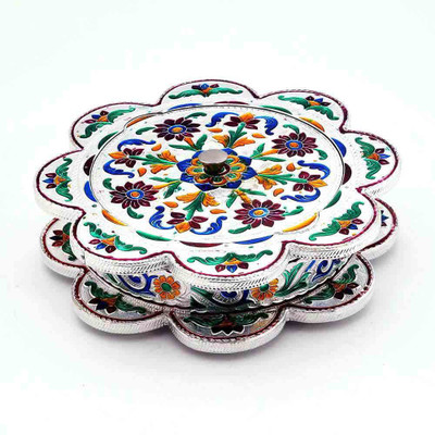 

Shree Sai Handicraft Decorative Box Traditional Minakari Work 4 Partition Dryfruit Box Aluminium Decorative Platter(Silver)