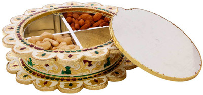 

Halowishes Golden Meenakari Booti Work Handmade Dryfruit Box Wooden Decorative Platter(Gold)