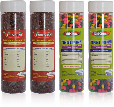 

Indian Platter Dilkhush Jaipuri 800 g (Combo of 4) Tinni Minni, Anardana, Badshahi Supari Mouth Freshener(Pack of 4)