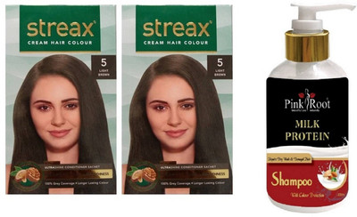 

Pink Root Milk Protein Shampoo with Streax 2 Pcs 5 Light Brown Cream Hair Color(Set of 3)