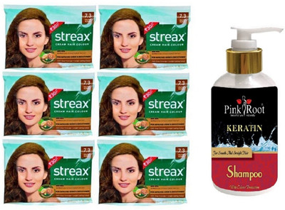 

Pink Root Kertain Shampoo with Streax Sachet 6 Pcs 7.3 Golden Blonde Cream Hair Color(Set of 7)