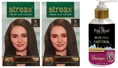 

Pink Root Hair Fall Control Shampoo with Streax 2 Pcs 5 Light Brown Cream Hair Color(Set of 3)