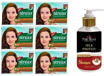 

Pink Root Milk Protein Shampoo with Streax Sachet 6 Pcs 7.3 Golden Blonde Cream Hair Color(Set of 7)