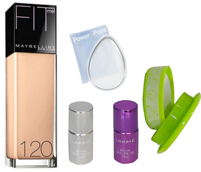 

power point Silicon puff with Fit me Maybelline Foundation, Lakme Mirror Nail Polish pak of 2, remover(Set of 5)