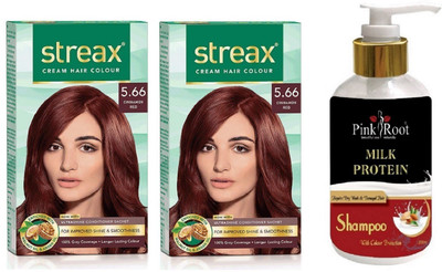 

Pink Root Milk Protein Shampoo with Streax 2 Pcs 5.66 Cinnamon Red Cream Hair Color(Set of 3)