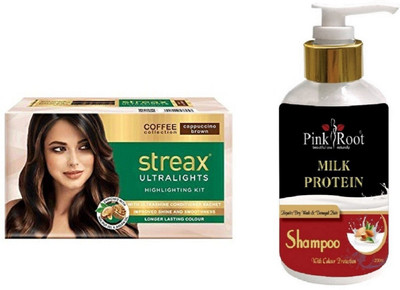 

Pink Root Milk Protein Shampoo with Streax Ultralights Cappuccino Brown Highlightings Kit(Set of 2)