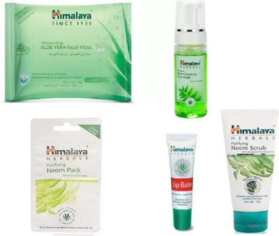 

Himalaya aloe vera facial wipes, neem foming face wash, neem face scrub, neem face pack, lip balm(Set of 5)