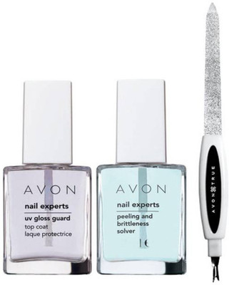 

Avon Anew nail experts UV gloss guard top coat 8 ml and one nail expert peeling and brittleness solver 8 ml and one 3in1 filer , buffer and cuticle remover(Set of 3)