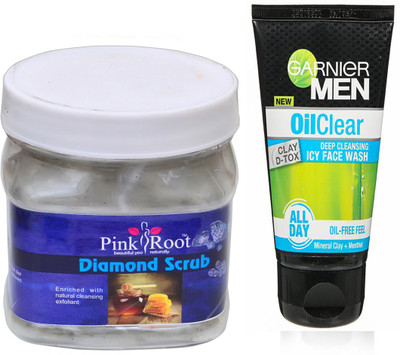 

Pink Root Diamond Scrub 500g WITH Garnier Oil Clear Facewash(Set of 2)