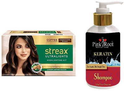 

Pink Root Kertain Shampoo with Streax Ultralights Cappuccino Brown Highlightings Kit(Set of 2)