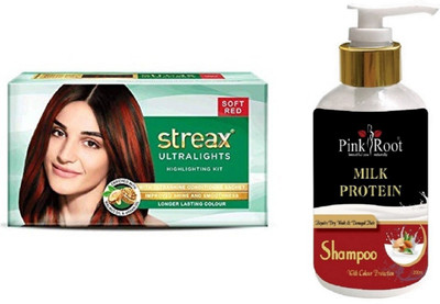 

Pink Root Milk Protein Shampoo with Streax Ultralights Soft Red Highlightings Kit(Set of 2)
