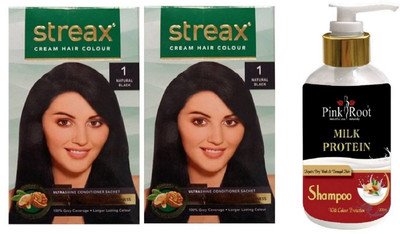 

Pink Root Milk Protein Shampoo with Streax 2 Pcs 1 Natural Black Cream Hair Color(Set of 3)