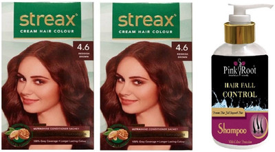 

Pink Root Hair Fall Control Shampoo with Streax 2 Pcs 4.6 Reddish Brown Cream Hair Color(Set of 3)